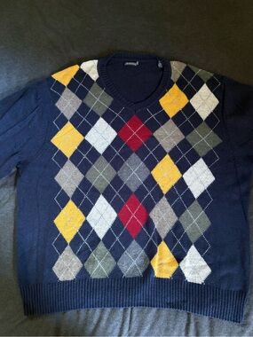 Men's Navy Argyle V-Neck Sweater with Yellow & Red Accents